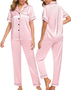 SWOMOG Women Satin Pajamas Set Short Sleeve Top & Pants Sleepwear Silky Button Down Nightwear 2pcs Loungewear Pjs Set