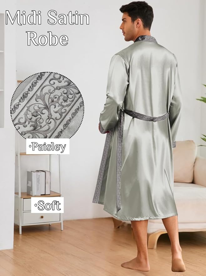 ChiaoLezhee Mens Satin Bath Robe with Shorts Set, Silk Paisley Kimono Lightweight, Soft Long Sleeve Sleepwear