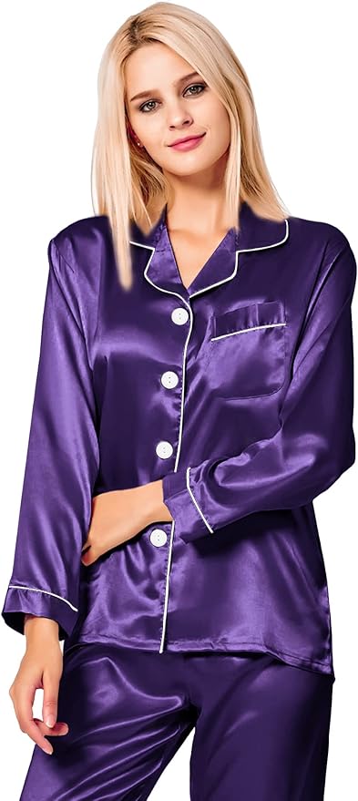 SWOMOG Womens Silk Satin Pajamas Set Long Sleeve Button Down Sleepwear 2 Piece Lounge Set Pj Set XS-3XL