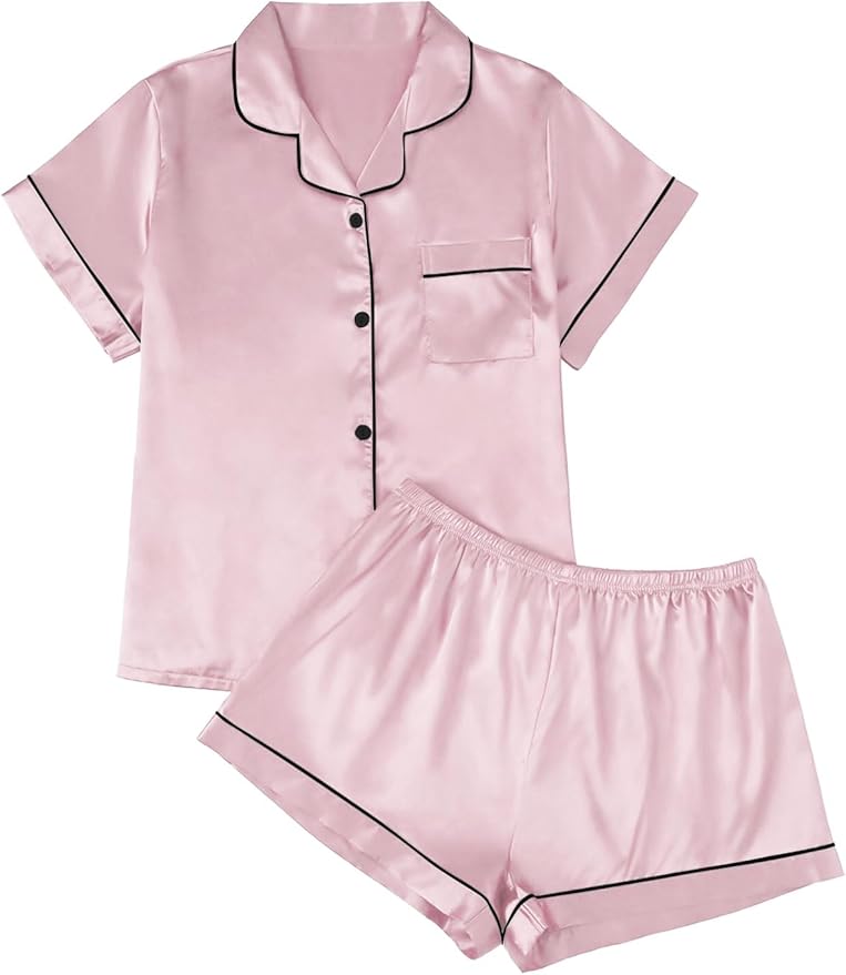 LILLUSORY Silk Satin Pajama Set for Women 2 Piece Lounge Pjs Winter Matching Summer Sleepwear Button Down Shirt Shorts