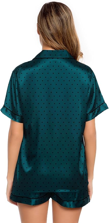 LecGee Womens Silk Satin Pajamas Short Sleeve Loungewear Two-Piece Sleepwear Button-Down Pj Set