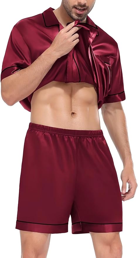 SWOMOG Satin Matching Pajamas Sets Couple Silk Button Down Nightwear Women & Men Short Sleeve Sleepwear 2 Pieces Loungewear