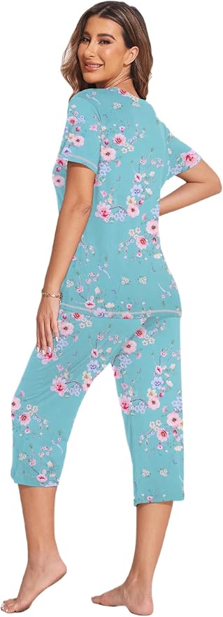 Ekouaer Women's Sleepwear Capri Pajama Sets Short Sleeve Two-Piece Pjs V Neck Tops & Capri Pants with Pockets S-3XL
