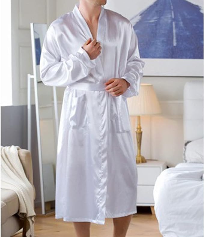 Men's Satin Robe Silky Bathrobe Soft Comfy Casual Bathrobe Fashion Comfy Solid Color Long Loungewear with Pocket