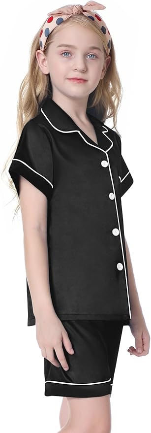 Umeyda Women & Girls Pajamas Set, Soft Satin Lightweight Silk Button-Down Top with Shorts 2 Piece PJS for Mom Boys Kids Gifts