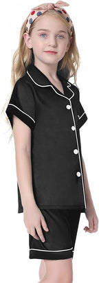 Umeyda Women & Girls Pajamas Set, Soft Satin Lightweight Silk Button-Down Top with Shorts 2 Piece PJS for Mom Boys Kids Gifts
