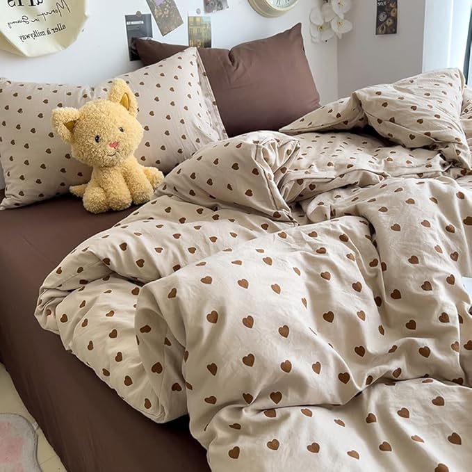Nayoroom Brown Heart Duvet Cover Queen Size Vintage Hearts Printed on Taupe Comforter Cover Kids Girls 3 Pcs Soft Microfiber Farmhouse Bedding Set with Zipper Closure