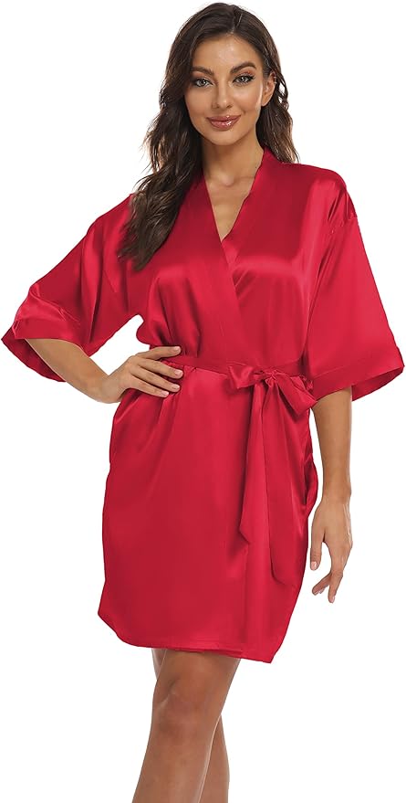 Women's Pure Short Kimono Robes Bride Bridesmaids Silky Bathrobe Lightweight Satin Sleepwear