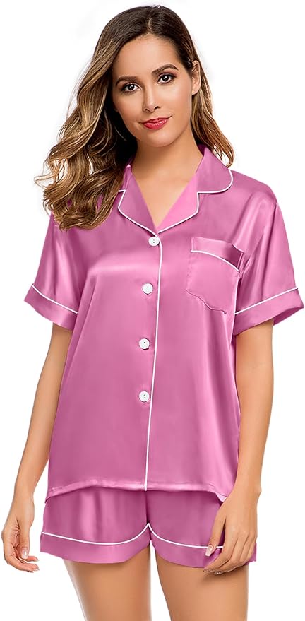 LecGee Womens Silk Satin Pajamas Short Sleeve Loungewear Two-Piece Sleepwear Button-Down Pj Set