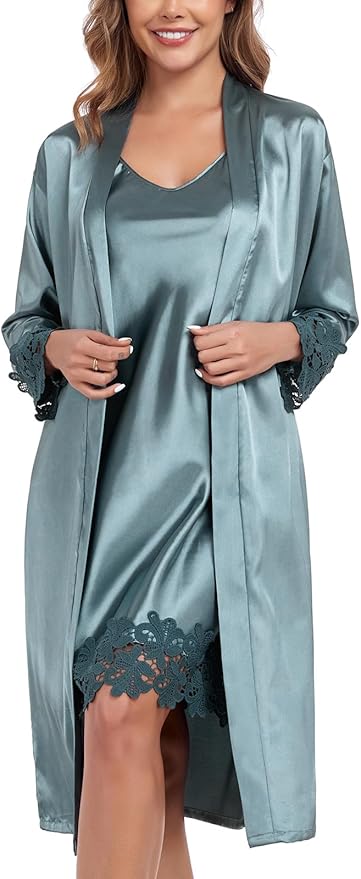 BestWendding Women's Silk Robe Set 2 Pieces Pajamas Sets Sexy Soft Satin Robe with V Neck Camisole Lingerie Nightgown