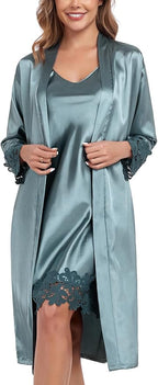 BestWendding Women's Silk Robe Set 2 Pieces Pajamas Sets Sexy Soft Satin Robe with V Neck Camisole Lingerie Nightgown