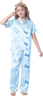 Umeyda Girls Womens Pajamas Set, Satin Silky Button Down Loungewear 2 Piece Short Sleeve Pants PJS Sets for Mommy Kids