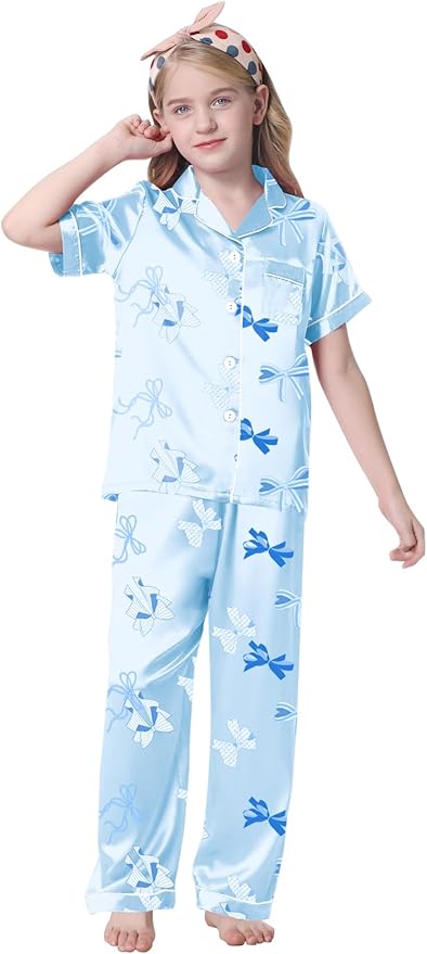 Umeyda Girls Womens Pajamas Set, Satin Silky Button Down Loungewear 2 Piece Short Sleeve Pants PJS Sets for Mommy Kids