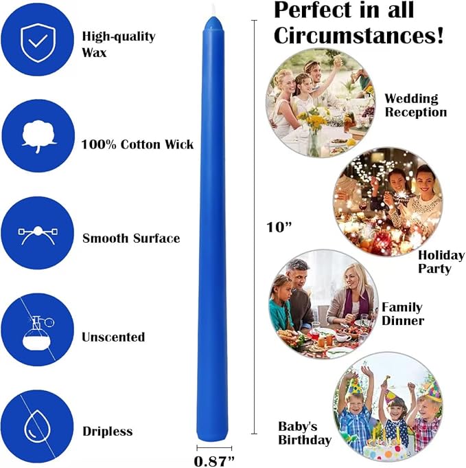 12-Pack Royal-Blue Taper Candles, 10 Inch Unscented Dripless Candlesticks, Long-Lasting Burn Time of 7-8 Hours, Perfect for Home Décor Dinner Party Meditation