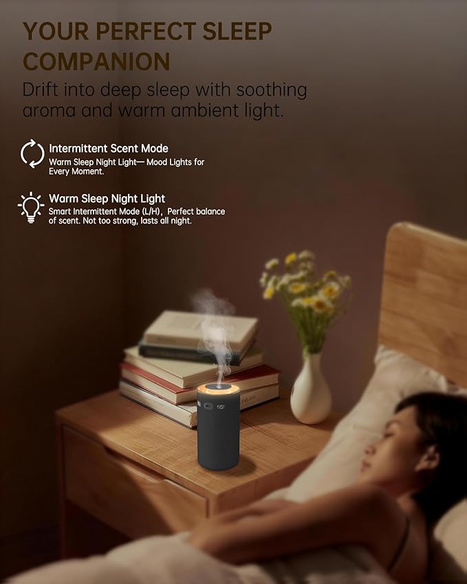 Waterless Essential Oil Diffuser,Portable Car Diffuser Rechargeable-Cordless Scent Air Machine with Fabric Design,Adjustable Mist & Ambient Light for Home, Office,Travel(Black)
