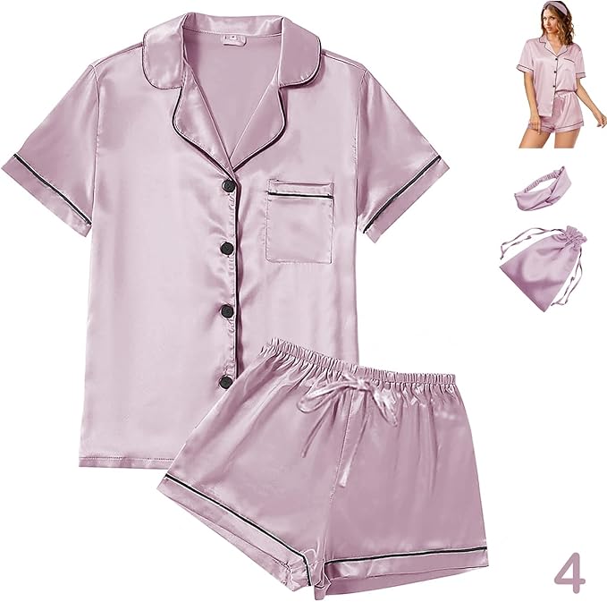 WJing Yi Jia 4Pcs Womens Satin Silky Pajama Sets Short Sleeve Shirt XS-4XL Floral Pajamas Set Soft PJ Loungewear Sleepwear