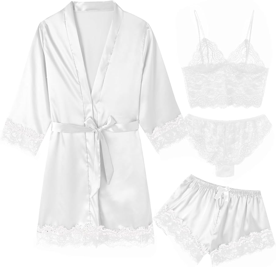 Women's Pajama Satin Sexy Lingerie Robe Set 4Pcs Pjs Silk Sleepwear Lace Cami Shorts Loungewear