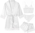 Women's Pajama Satin Sexy Lingerie Robe Set 4Pcs Pjs Silk Sleepwear Lace Cami Shorts Loungewear