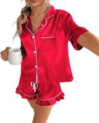 CHYRII Women's Silk Satin Pajamas Two Piece Pj Sets Short Sleeve Tops Ruffled Shorts Sleepwear with Magnetic Diffuser