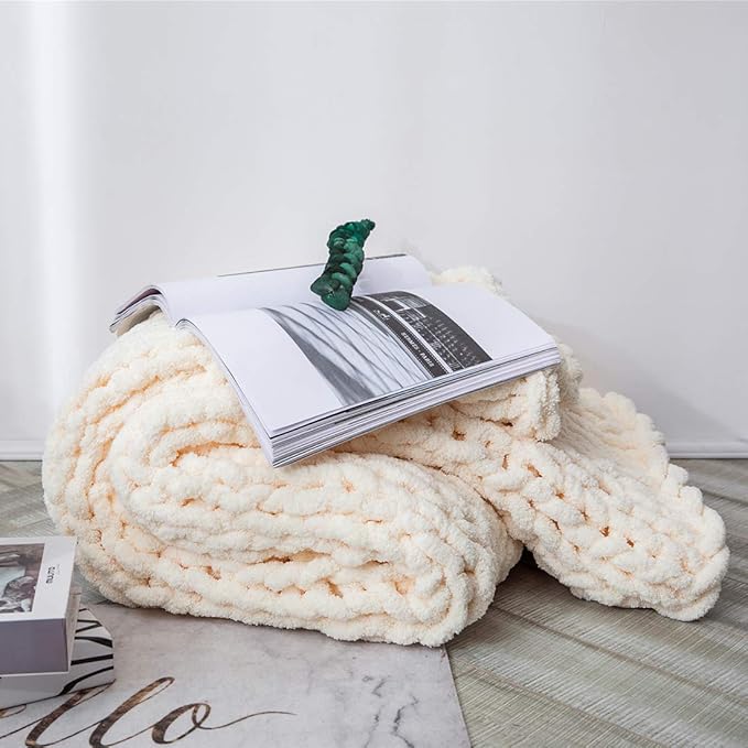 vctops Boho Chenille Chunky Knit Throw Blanket Super Soft Warm Cozy Hand Knit Blankets for Couch Bed Sofa Chair (Cream,31"x39")