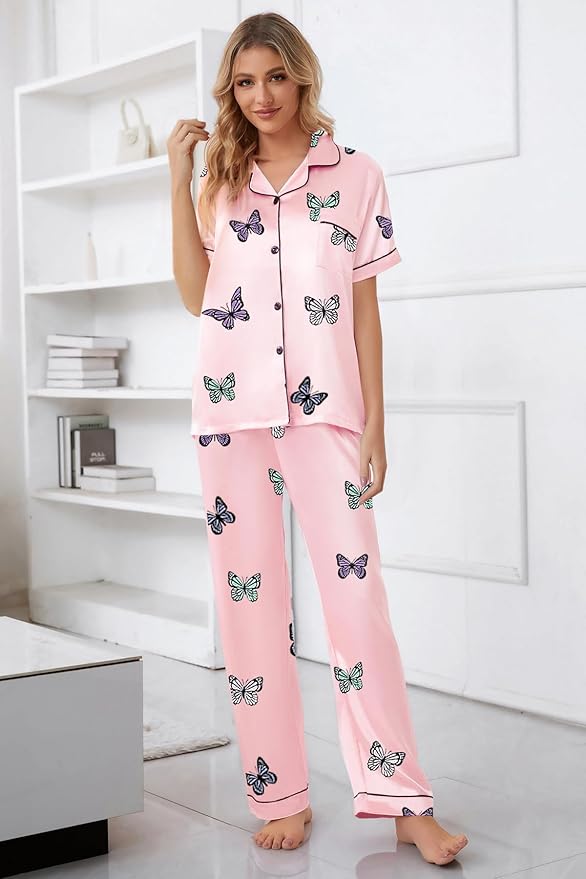 Umeyda Girls Womens Pajamas Set, Satin Silky Button Down Loungewear 2 Piece Short Sleeve Pants PJS Sets for Mommy Kids