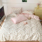 Nayoroom Pink Floral Duvet Cover Queen Size Reversible Green Botanical Leaf Printed on White Spring Comforter Cover 3Pcs Soft Microfiber Aesthetic Cottagecore Bedding Set Gift for Women Girls