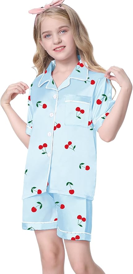 Umeyda Women & Girls Pajamas Set, Soft Satin Lightweight Silk Button-Down Top with Shorts 2 Piece PJS for Mom Boys Kids Gifts