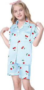 Umeyda Women & Girls Pajamas Set, Soft Satin Lightweight Silk Button-Down Top with Shorts 2 Piece PJS for Mom Boys Kids Gifts