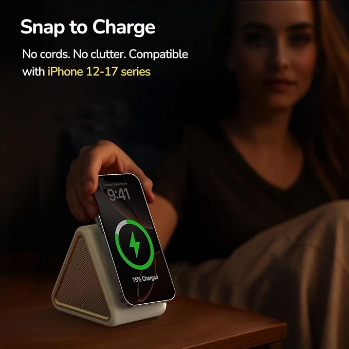 Housbay Sound Machine with Magnetic Wireless Charger for iPhone, 2-in-1 Design for Clutter-Free Nightstand, Dual-Speaker Stereo Sound for Sleeping - Cream