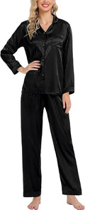 SWOMOG Womens Silk Satin Pajamas Set Long Sleeve Button Down Sleepwear 2 Piece Lounge Set Pj Set XS-3XL