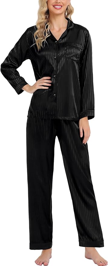 SWOMOG Womens Silk Satin Pajamas Set Long Sleeve Button Down Sleepwear 2 Piece Lounge Set Pj Set XS-3XL