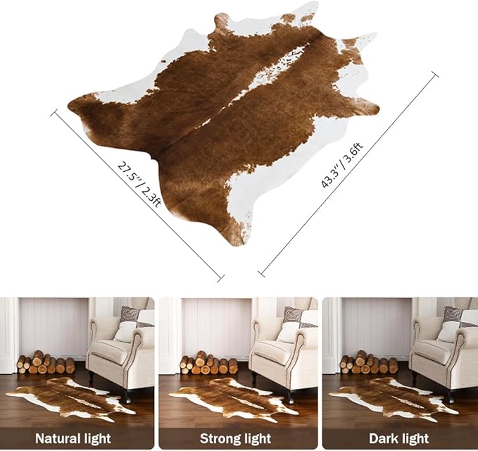 HOMORE Cowhide Rug, Cute Cow Print Rug for Living Room Faux Cow Hide Animal Print Carpet for Bedroom Office Table, 3.6 x 2.3 Feet, Khaki Brown