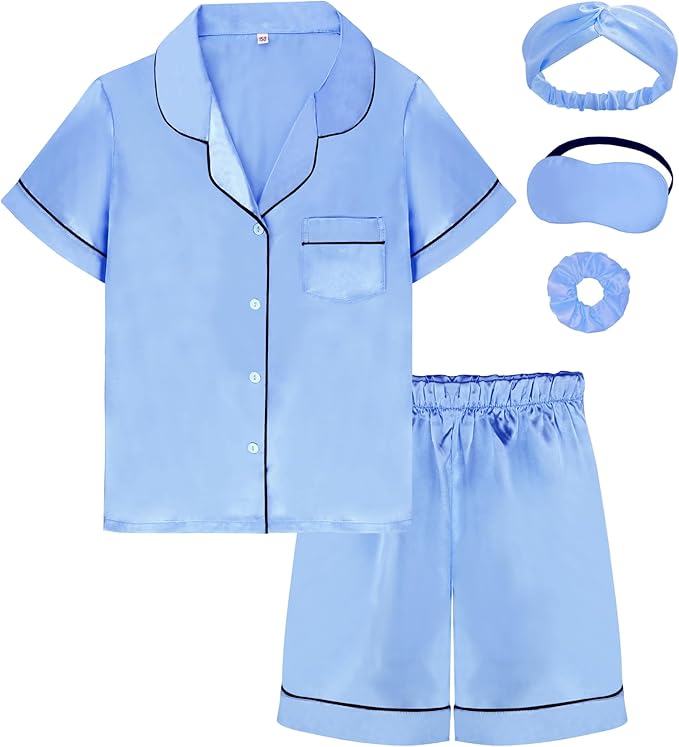 EPLAZA Kids Satin Pajamas Sets Girls Boys Button-Down Silky Pajamas Sleepwear with Hairband Eye Mask Hair Tie