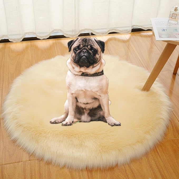 Faux Fur Round Area Rug Soft Fuzzy Carpet Fluffy Plush Mat Home Floor Decoration for Bedroom Living Room Bedside Beige 39.3inch