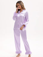 MORFORU Satin Pajama Set for Women Feather Trim Long Sleeve Pjs with Sleep Mask Headband Scrunchie Sleepwear Lounge Set