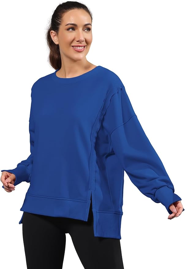 Nirovien Womens Oversized Crewneck Sweatshirt Side Slit Long Sleeve Pullover Slouchy Fit Tops