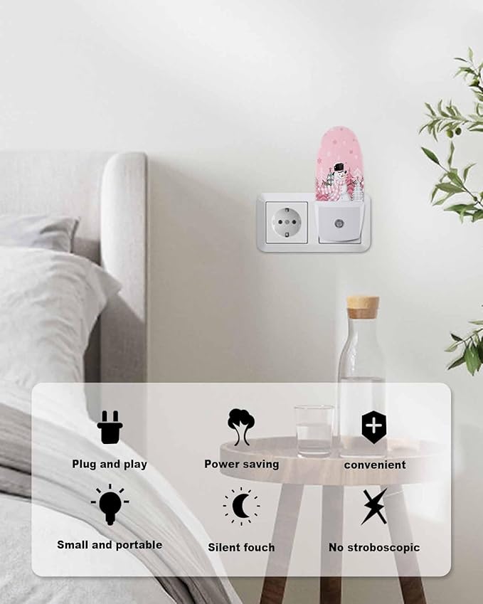 Night Light Plug into Wall, Winter Xmas Happy Snowman Grey Buffalo Checked Christmas Tree Snowflake Peach Popsicle Shape Night Light LED Nightlight with Light Sensors for Kids Bedroom Hallway