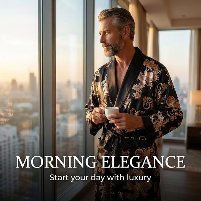 Mens Satin Robe Silk Long Sleeve Kimono Bathrobe Sleepwear Loungewear