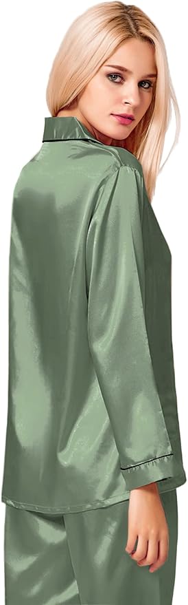 SWOMOG Womens Silk Satin Pajamas Set Long Sleeve Button Down Sleepwear 2 Piece Lounge Set Pj Set XS-3XL
