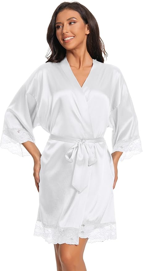 Kihnop Women's Satin Robe Silk Robe Lace Bridal Robes for Bride Bridesmaid Robes Silky Bathrobe Getting Ready Sleepwear