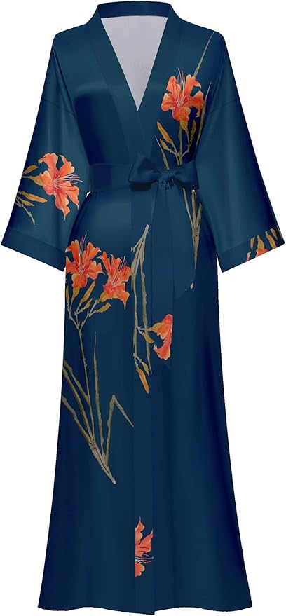 Kihnop Women's Floral Long Kimono Robe Long Satin Robe Long Silk Robe Ladies Kimonos Silky Bathrobe Cover Up, One Size