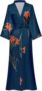 Kihnop Women's Floral Long Kimono Robe Long Satin Robe Long Silk Robe Ladies Kimonos Silky Bathrobe Cover Up, One Size