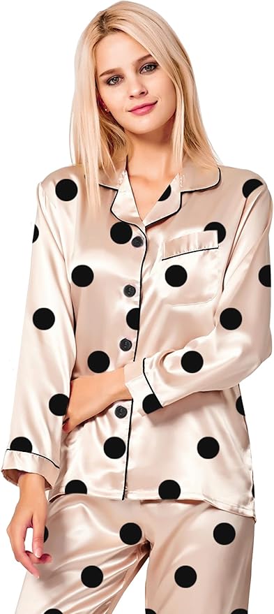 SWOMOG Womens Silk Satin Pajamas Set Long Sleeve Button Down Sleepwear 2 Piece Lounge Set Pj Set XS-3XL
