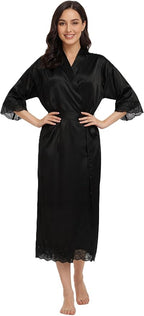 Long Satin Robes for Women Ankle Length Kimono Robes Silky Bridal Party Robes with Lace Trim Bridesmaid Loungewear Sleepwear