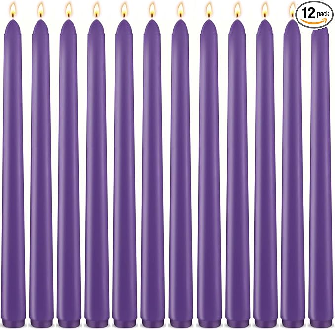12-Pack Royal Purple Taper Candles, 10 Inch Unscented Dripless Candlesticks, Long-Lasting Burn Time of 7-8 Hours, Perfect for Home Décor, Weddings, and Events