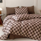 CLOTHKNOW Brown Plaid Comforter Sets Twin/Twin XL 3Pcs Grid Bedding Comforter Sets Dark Brown Checker Comforter Checkered Bedding Sets