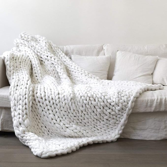 Chunky Knit Blanket Hand Made Merino Wool Throw Boho Bedroom Sofa Home Decor Giant Yarn(White 40"x60")