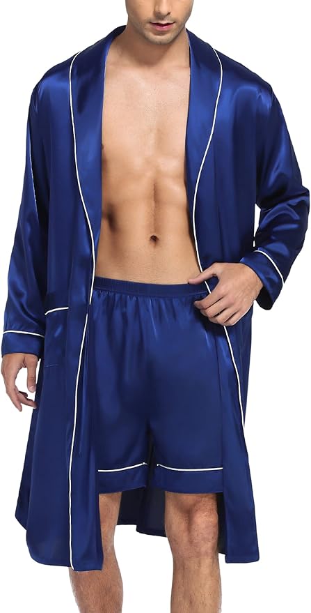 SWOMOG Men's Satin Robe Silky Kimono Bathrobe with Shorts Set Lightweight Soft Loungewear Nightwear