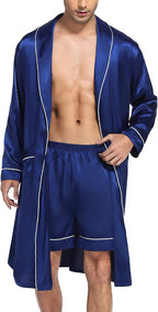 SWOMOG Men's Satin Robe Silky Kimono Bathrobe with Shorts Set Lightweight Soft Loungewear Nightwear
