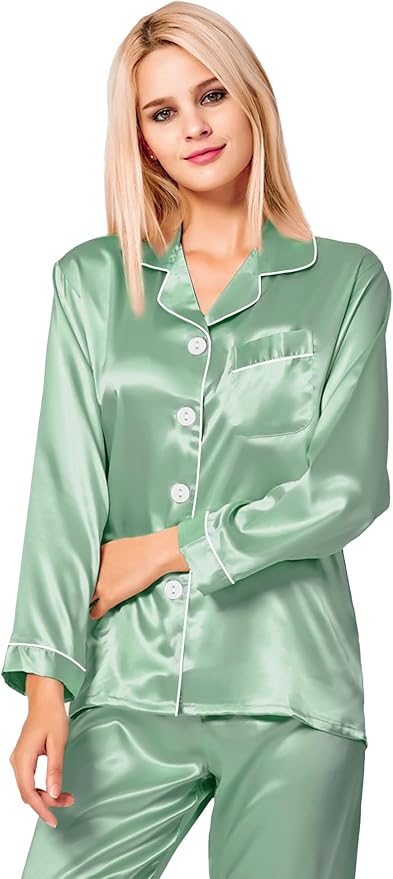 SWOMOG Womens Silk Satin Pajamas Set Long Sleeve Button Down Sleepwear 2 Piece Lounge Set Pj Set XS-3XL